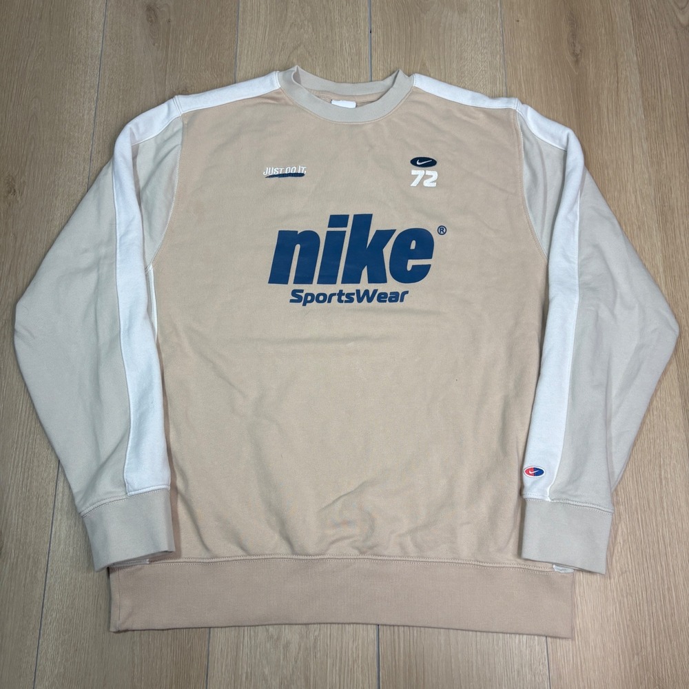 Nike Club Crew Sweatshirt Sportswear Mens Large Tan Cream Colorblock 72 Logo